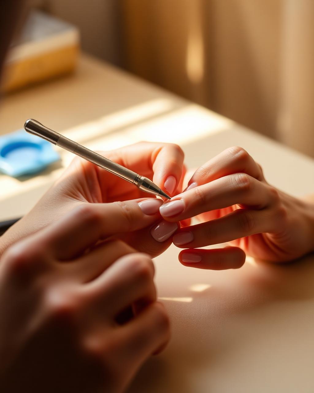 The artist performing detailed cuticle work in soft afternoon light
